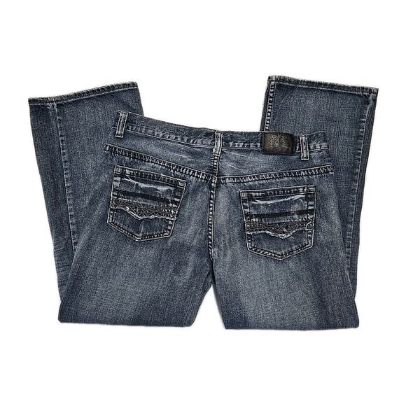 Baileys Pt Black Mens Boot Cut Jeans 38 X 30 Whiskered Embroidered Distressed - Picture 4 of 12